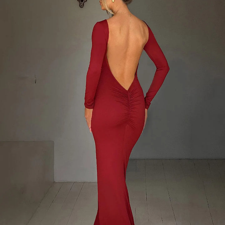 Hugcitar Spring Elegant Long Sleeve Backless Solid Cuched Sexy Bodycon Maxi Prom Dress Women Outfit Evening Party Festival Y2K