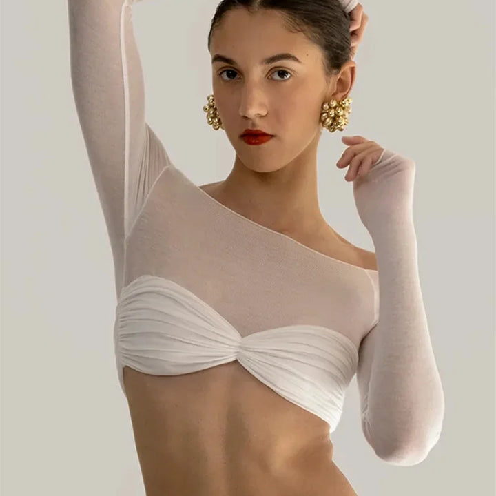 Mozision See Through Mesh Crop Top Women Pullovers Strapless Short Knit Cropped Tops Ladies Tee Shirt Sexy Off-shoulder T-shirt