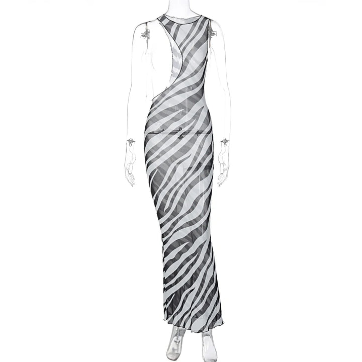 DGLUKE Zebra Long Beach Dress Cover-Up Sexy Transparent Mesh Maxi Dress Cut Out Bodycon Summer Holiday Vacation Dress Women 2024