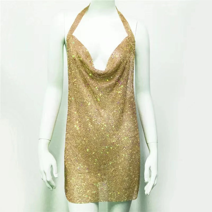 New European and American women's clothing, metal sequins, rhinestone suspender, sexy party, sweet and spicy style dress