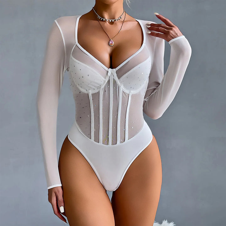Women One-Piece Bodysuit Sexy Shiny Sequins Long Sleeve Bottoming Undershirts Deep V-Neck Mesh Jumpsuits Y2k Tops Mujer Clubwear