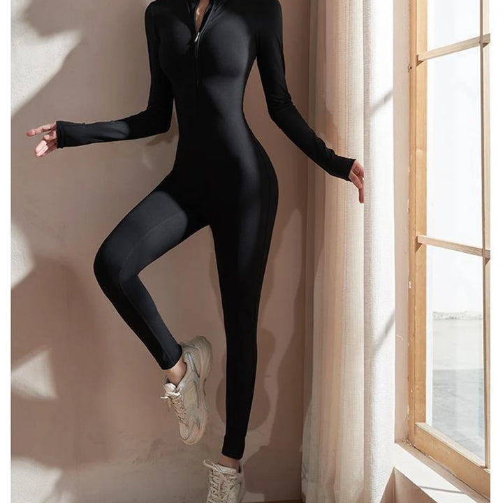 Womens Jumpsuits Long Sleeve Yoga Slim Fit Stretch One Piece Romper Sexy Fitness Female Black Basic Sportwears Tight Zipper