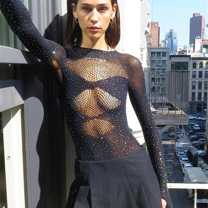 Fantoye Sexy Mesh Transparent Long Sleeve Skinny High Stretch Hollow Out Solid Thin Female Bodysuit Club Wear New Hot