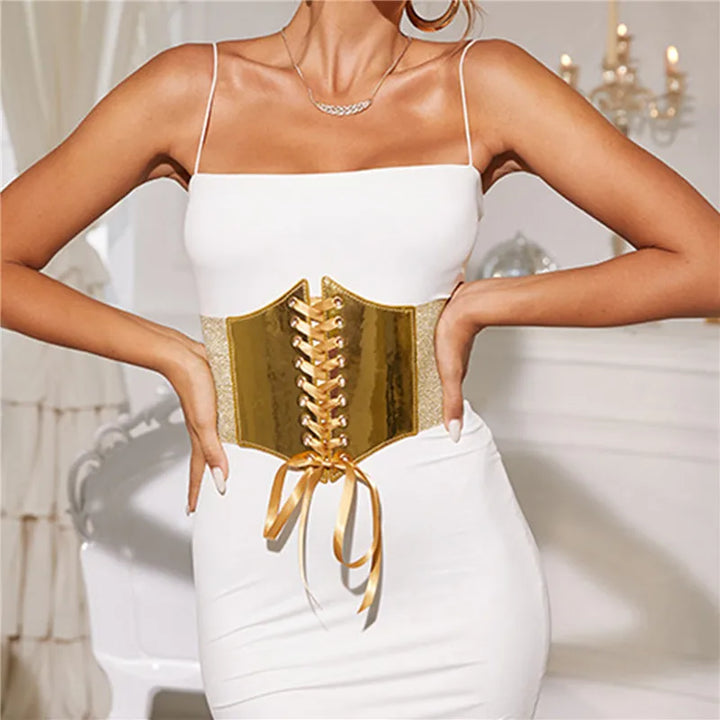 Goth Gothic Clothing Underbust Corset Women Belts Elastic Wide Bright Leather Golden Corsets For Waist Trainer