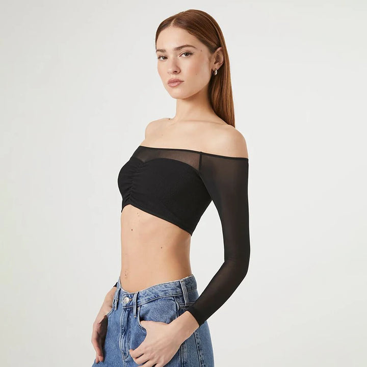 Sexy Black T-shirt Women Autumn New Streetwear Long Sleeves Slash Neck Simple Tees Casual Fashion Mesh Patchwork Basic Crop Top