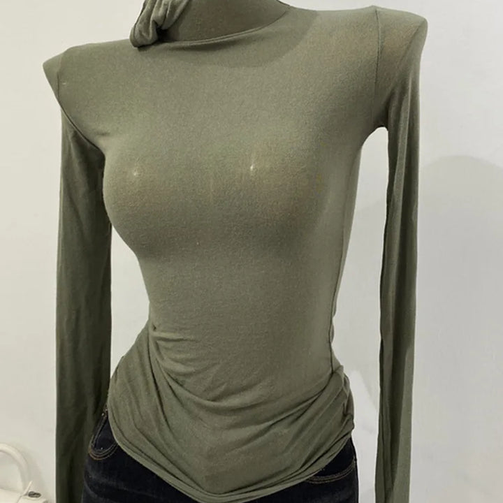 Thin Soft American Long Sleeve T-shirt High Stacked Neck Tight Perspective Bottom Shirt Women's Slim Fit Tops Sexy Streetwear