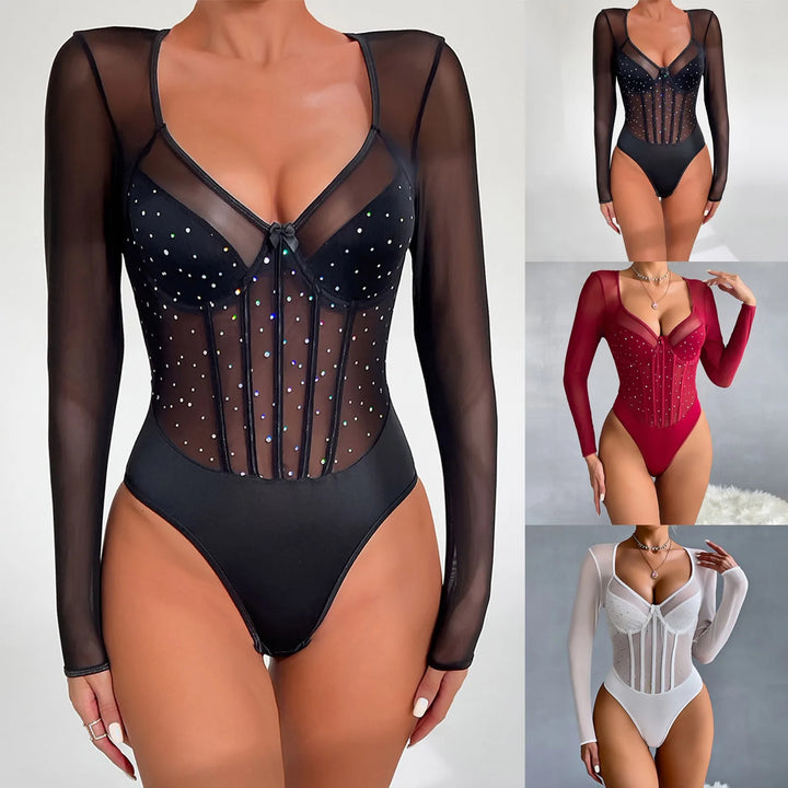 Women One-Piece Bodysuit Sexy Shiny Sequins Long Sleeve Bottoming Undershirts Deep V-Neck Mesh Jumpsuits Y2k Tops Mujer Clubwear