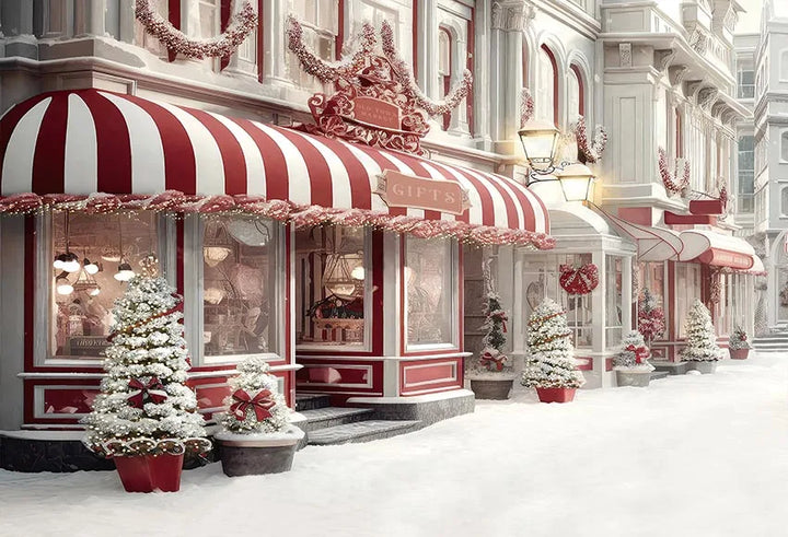 Mehofond Red Candy Shop Xmas House Photography Backdrop Snow Christmas Trees for Family Birthday Party Background Photo Studio