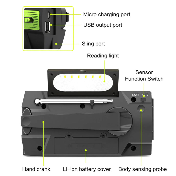 Weather Radio Emergency Multifunctional Radio FM AM WB Hand Crank Solar USB Charging 2000mAh Power Bank LED Flashlight Torch