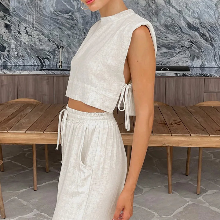 Spring Summer 2025 Women Holiday Linen Pant Set Crop Tops Solid Outfits 2 Two Piece Matching Set For Women