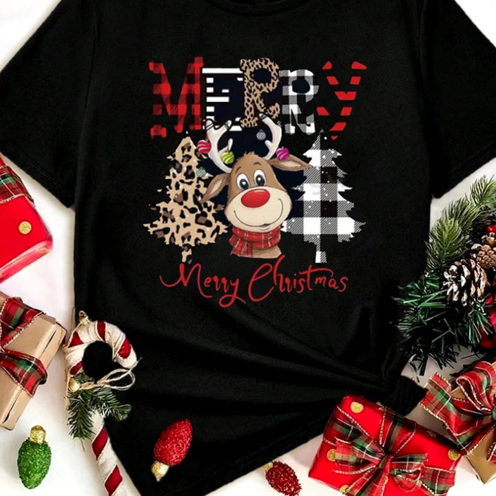 Cute Reindeer Leopard Print Women Christmas T Shirt Casual Cartoon Christmas Tree Graphic Short Sleeve Female T-Shirt