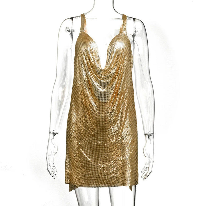 90s Rave Outfit Glitter V-Neck Lace Up Sequins Dress Y2K Clubwear Sexy Backless Bodycon Metal Mini Dress Party Cloth Vestidos