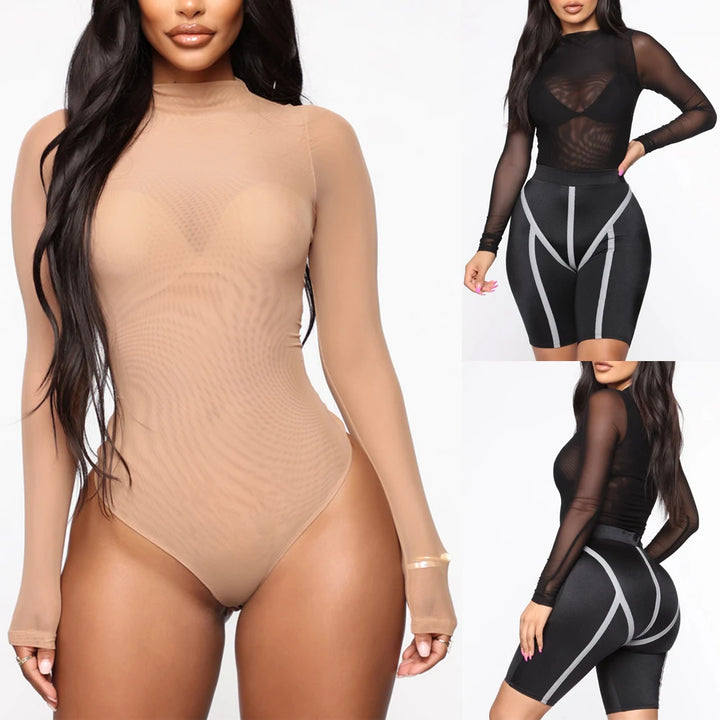 Bodysuits High Neck Bodycon Jumpsuit See Through Romper Black Beige NEW Sexy Mesh See Through Bodysuit Women Long Sleeve Sheer