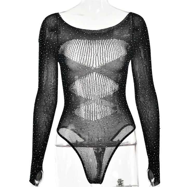 Fantoye Sexy Mesh Transparent Long Sleeve Skinny High Stretch Hollow Out Solid Thin Female Bodysuit Club Wear New Hot