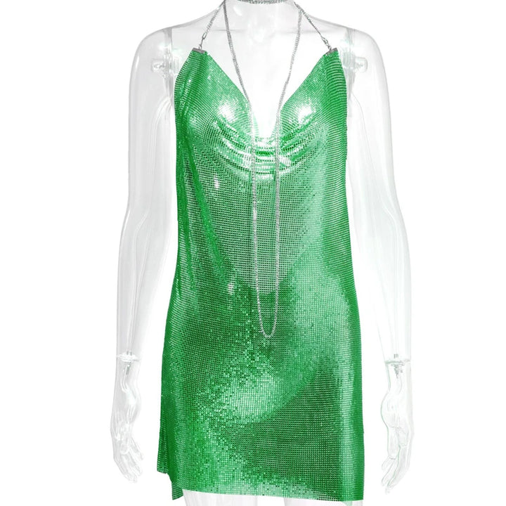 Sexy Silver Sequin Mini Dress For Women Sleeveless Metal Body Chain Party Dress 2024 Women Backless Split Evening Y2K Vestidos