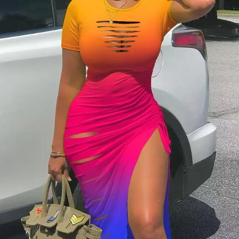 Women's Dresses 2023 Summer Fashion Contrast Leopard Print Drawstring Ruched Casual O-Neck Short Sleeve High Slit Skinny Dress