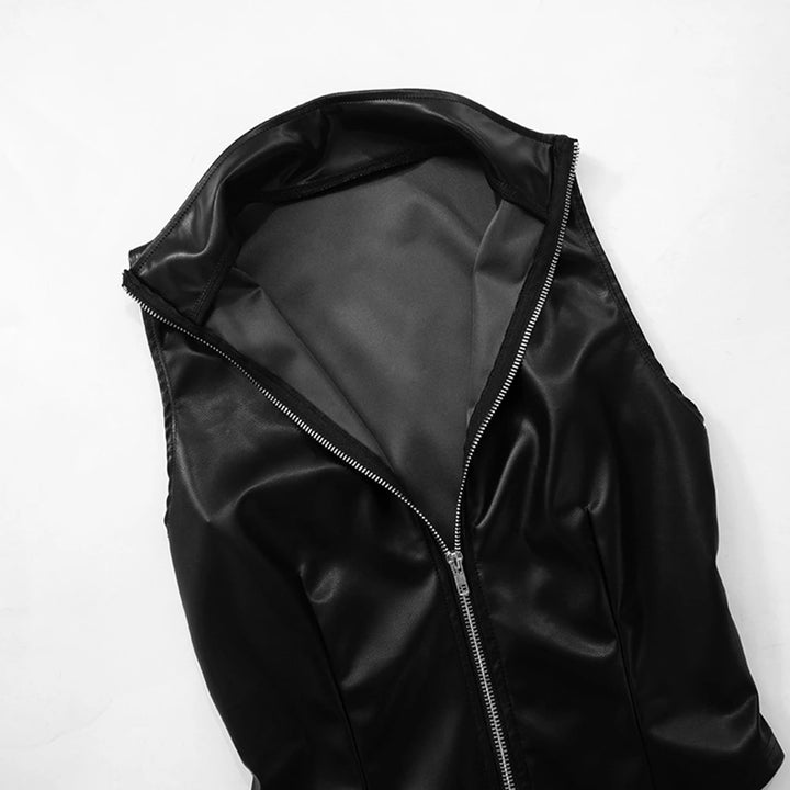 Fashionable Temperament Solid Color PU Leather Splicing Stand Up Collar Sexy Backless Zipper Exposed Navel Slim Fit Vest
