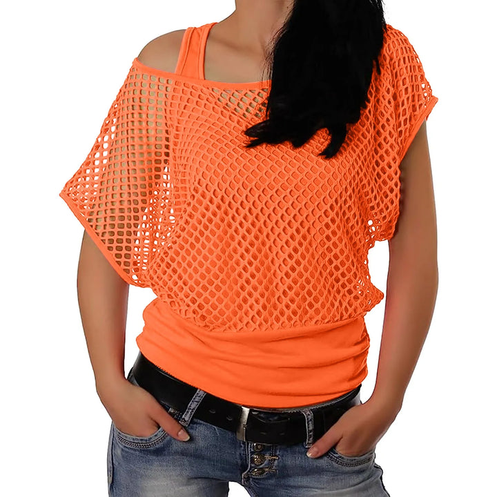Women Shirts 80s Neon Fishnet Mesh Top Off Shoulder Tops For Women Tight Sexy Sleeveless Neckless Slim Casaul Top