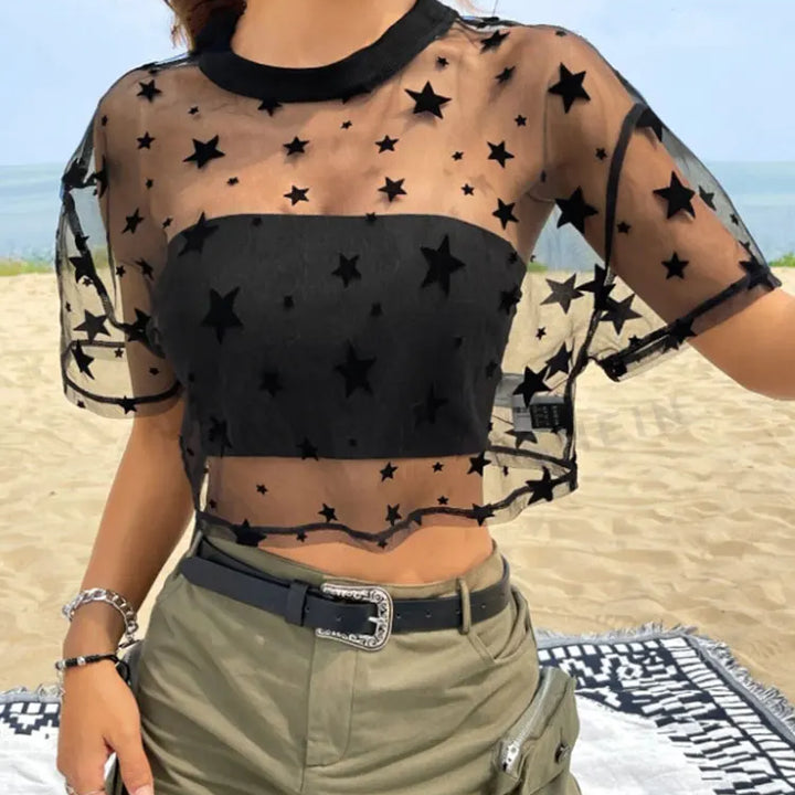 Summer Outfits Star Print Drop Shoulder Crop Mesh Top Without Camisole
