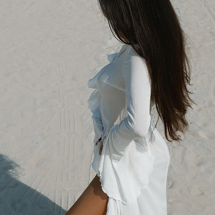 OIINAA Ruffle Bikini Cover-Ups Women Beach Cover Up Elegant Long Sleeve Lace Up Summer Solid Fashion Female Holiday Beachwear