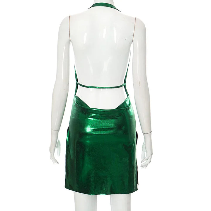 BKLD Women Clothing 2024 Spring New Solid Color Sexy Bronzing  Sparkle Dress Backless Split Halter Neck Short Dress Clubwear