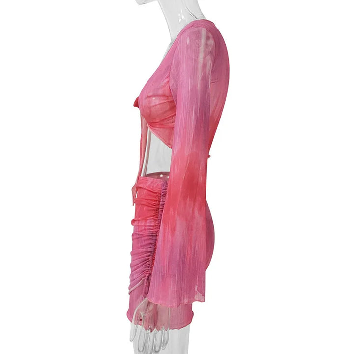 Fashion V-Neck Flare Sleeve Tie Dye Tops Mini Skirt Suit Women Mesh Tees Lace Up Skirts New Summer Female 2 Piece Set Outfits