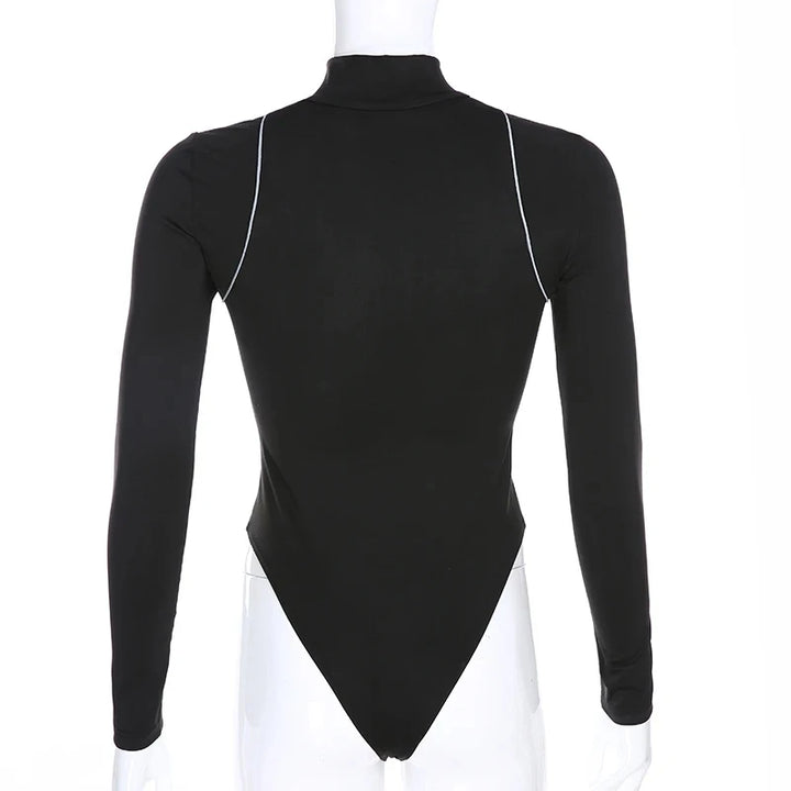 Women's Tight Bottoming Sexy Body T-Shirt Long Sleeve Bodysuit Women Personality High-Neck Reflective Zipper One-Piece Tops