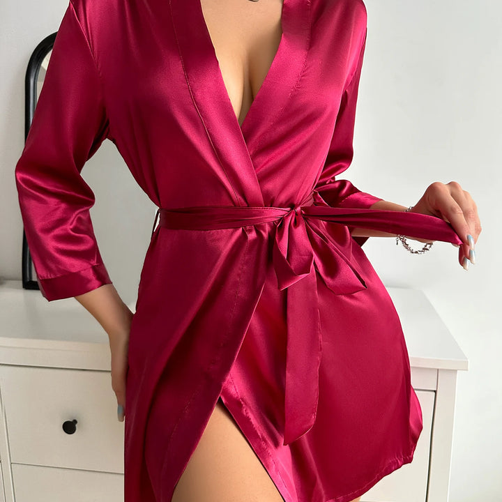 Pajamas women summer European and American ladies lace-up bathrobe sexy morning gown home dress can wear ice silk robe