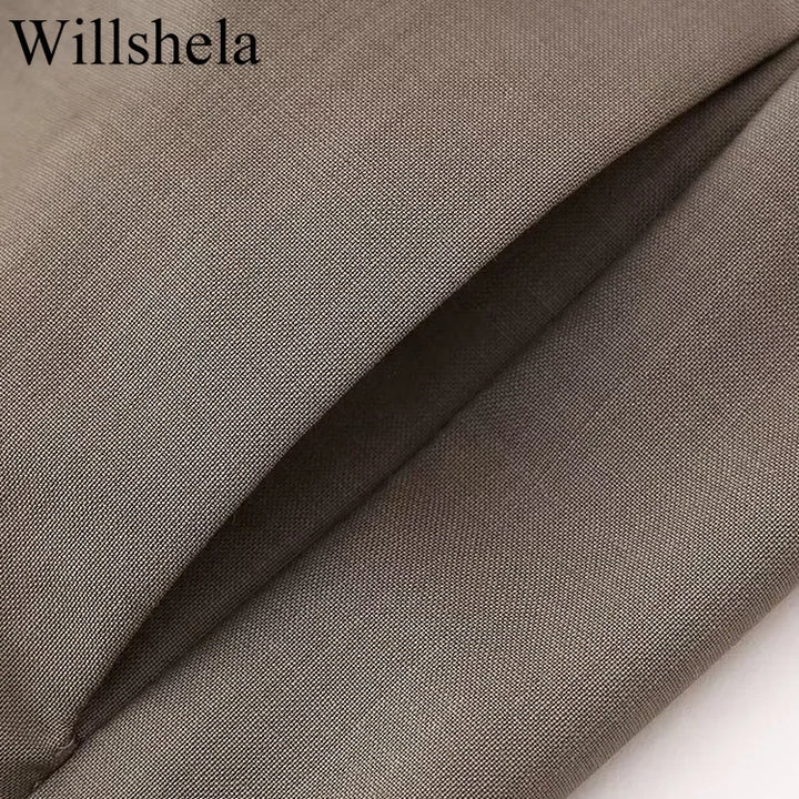 Willshela Women Fashion Two Piece Set Brown Pleated Halter Neck Tops & Straight Pants Vintage Female Chic Lady Pants Suit