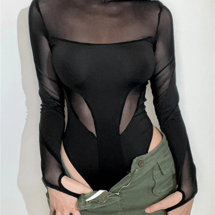 kliou Summer Women Above Knee Sexy&Club Mesh Patchwork Bodysuit K22K25045 Girl See Through All-match Tops One Piece Attirewear
