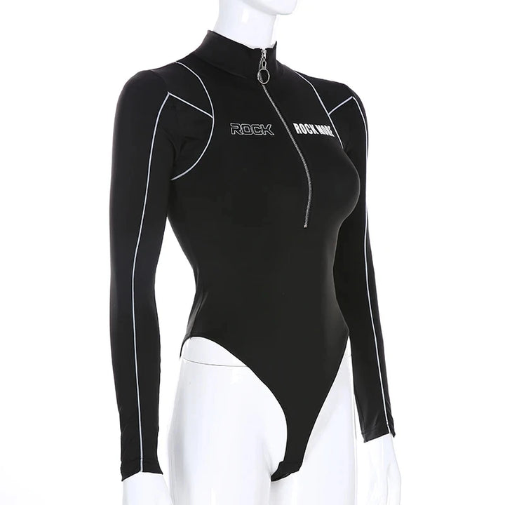 Women's Tight Bottoming Sexy Body T-Shirt Long Sleeve Bodysuit Women Personality High-Neck Reflective Zipper One-Piece Tops