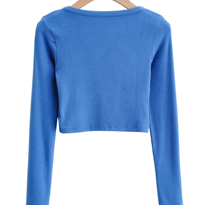 Slim V-neck Long Sleeve Bottomed Womens Tops And Blouses High Street Solid Color Open Navel Cardigan