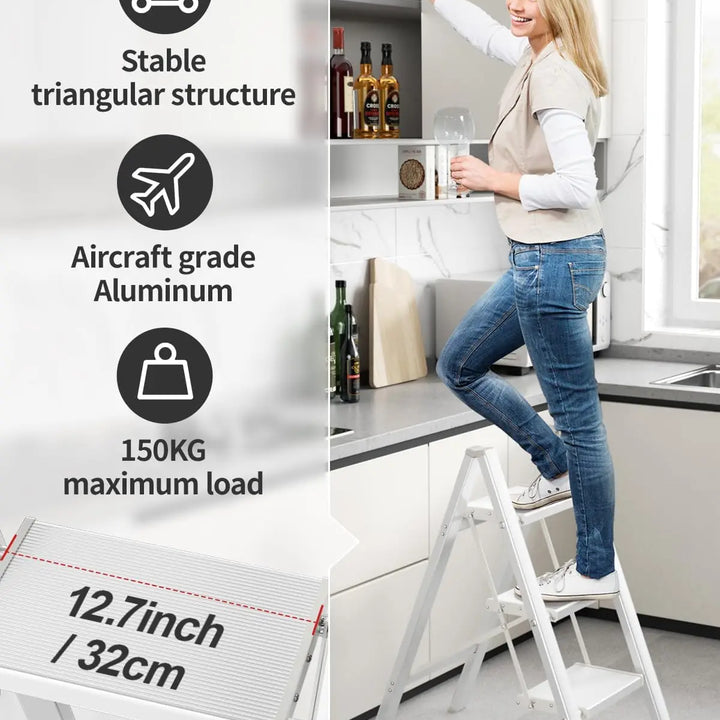 Aluminium 3-4 Step Ladder with Wide Steps Lightweight Folding Ladder Portable Slim Step Stool Safety Household Ladder Stepladder