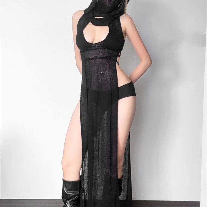 nibber 2024 Summer High Street Travel Cool Confident Black Mysterious Sexy Open Avant-garde Sexy Hot Cool Women's Hooded Dress