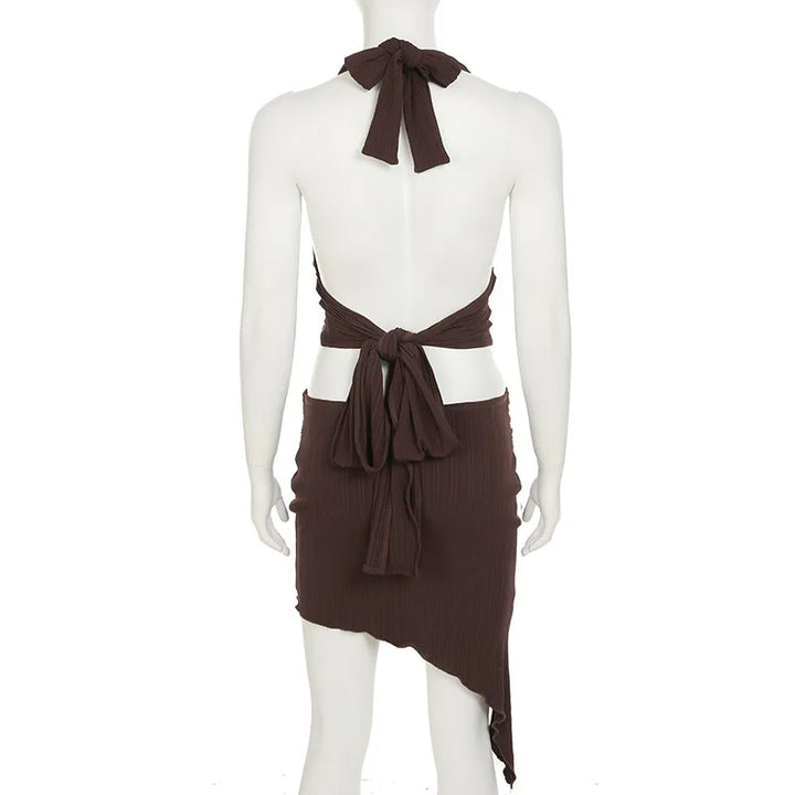 Purple Skirts Two Piece Sets Summer Holidays Party Outfits 2025 New Sexy Halter V-neck Tops and Irregular Mini Skirts Suits