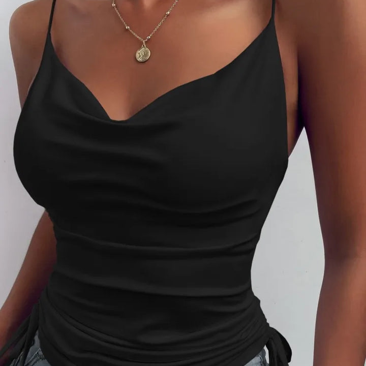 Women's Solid Tank Top V Neck Camisole Cami Drawstring Spaghetti Strap Top Sleeveless Blouse Tank Shirt New Summer Crop Top
