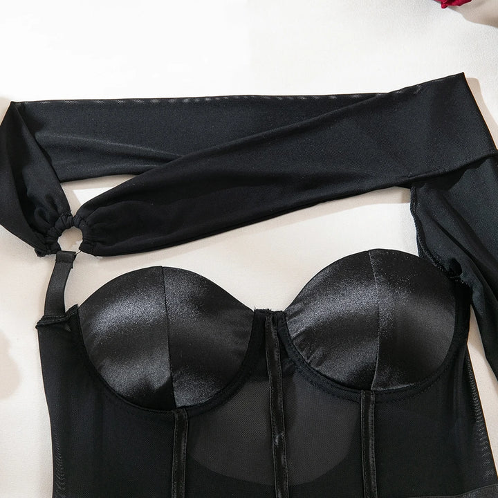 Yimunancy Classic Long Sleeve Backless Bodysuit Women One Shoulder Padded Bodysuit Black Skinny Mesh Body Femme Streetwear