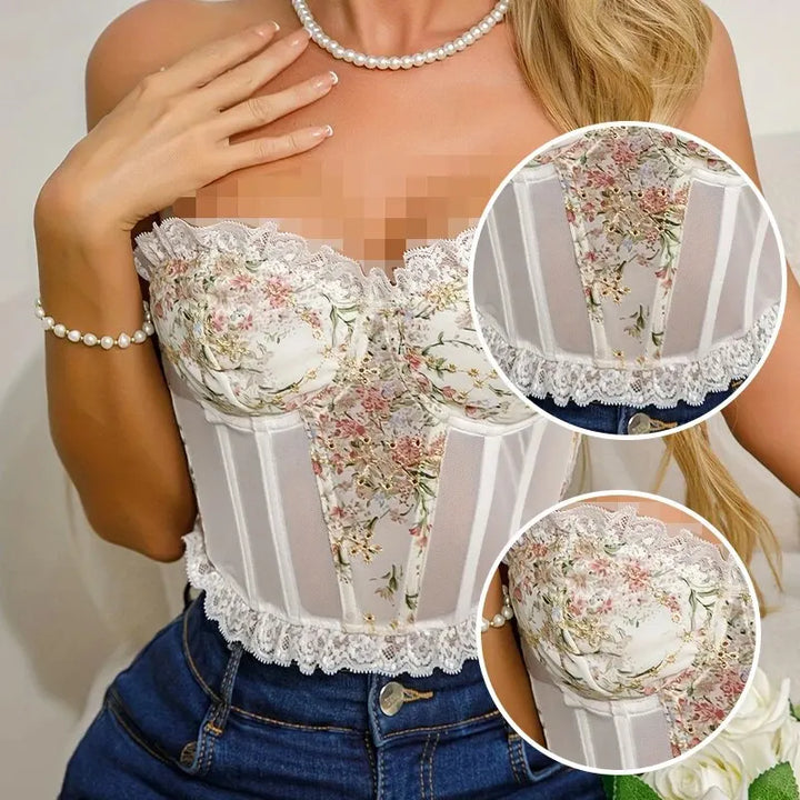 Women's White Sexy Lace Mesh Fish Bone Chest Flower Embroidered Bra Women's Strapless Lace Top Wrapped Chest