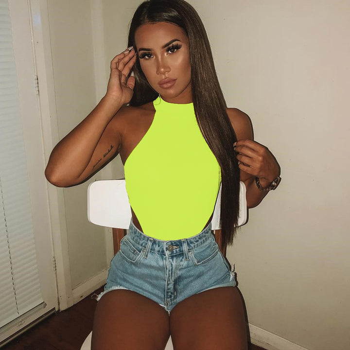 Female Solid Sleeveless Bodysuits Sexy Women Halter Bodysuits High Cut Bodycon Leotard Tops Summer Fashion Bottomed Tops