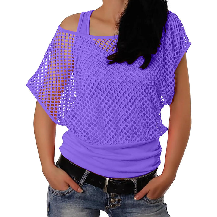 Women Shirts 80s Neon Fishnet Mesh Top Off Shoulder Tops For Women Tight Sexy Sleeveless Neckless Slim Casaul Top