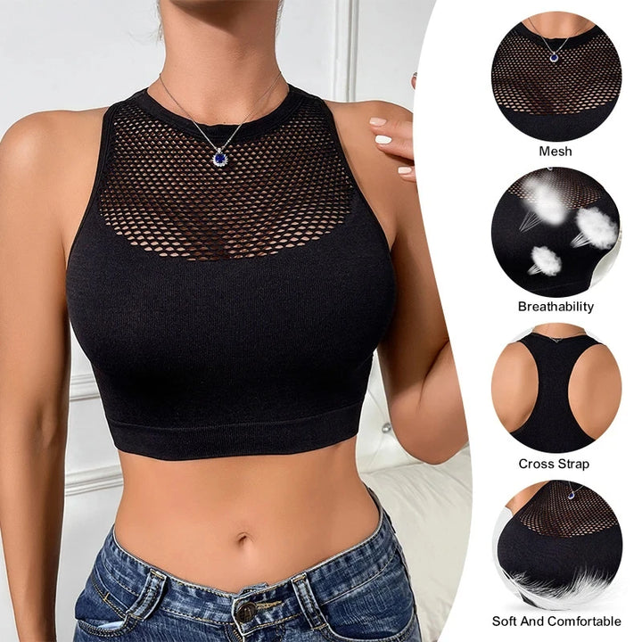 Sexy Tank Tops Women  Fishnet Hollow Out Sports Off Shoulder Crop Top Female Outwear Stretch Comfortable Casual Tanks Chic Vest