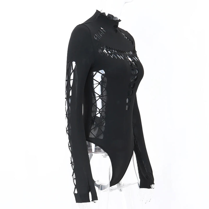 Candyhot Sexy Hollow Out High Collar Bodysuit Bodycon Y2K Long Sleeves Fashion T Shirts Women Gothic Punk Streetwear Bodysuits