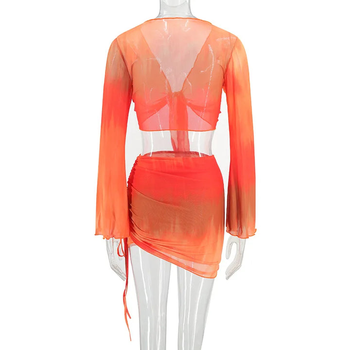 Fashion V-Neck Flare Sleeve Tie Dye Tops Mini Skirt Suit Women Mesh Tees Lace Up Skirts New Summer Female 2 Piece Set Outfits