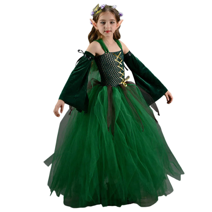 Kids Girls Elf Cosplay Tutu Dance Skirts Costume Children Roleplay Dress Up Performence Stage Dress Elf Earrings Halloween Cloth