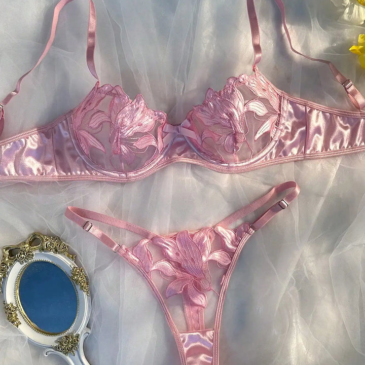 Sexy Lingerie Woman Lace Transparent Underwear Fairy Embroidery Brief Sets Delicate Bra Kit Push Up Breves Sets Thin Erotic Bras