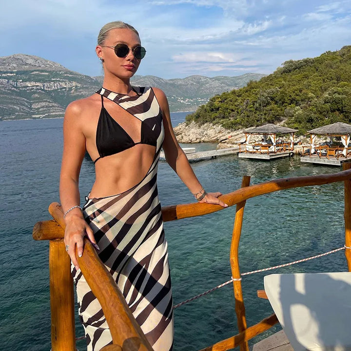 DGLUKE Zebra Long Beach Dress Cover-Up Sexy Transparent Mesh Maxi Dress Cut Out Bodycon Summer Holiday Vacation Dress Women 2024