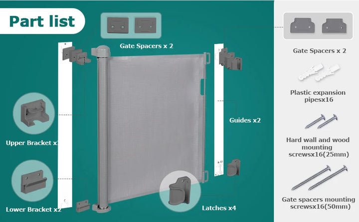 Retractable Pet Dog Mesh Fence Baby Safety Gate 34 inch Tall Extends to 61 inch Wide Indoor Outdoor Baby Gate Safety Barrier
