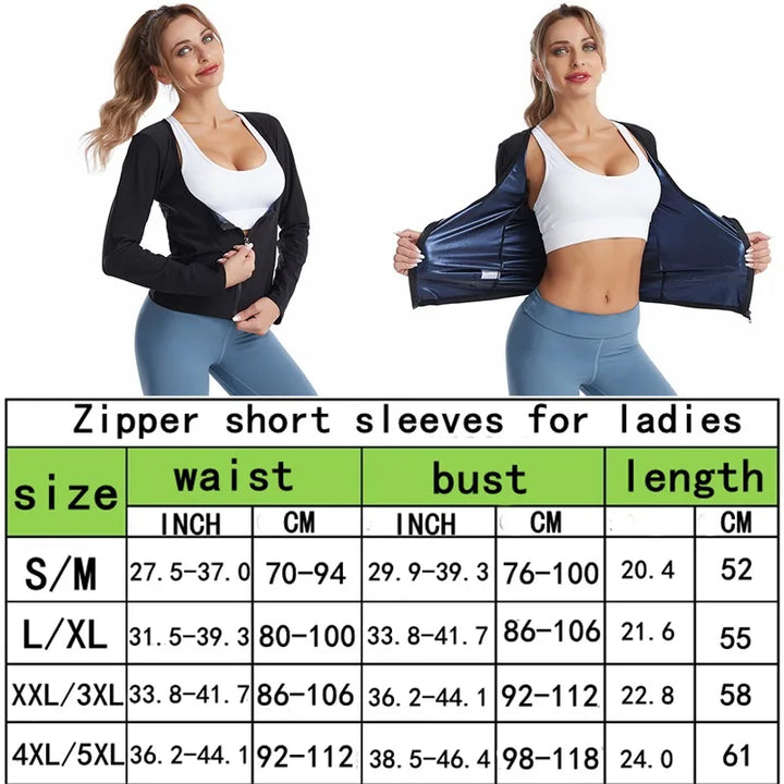 Qtree Sauna Suit Shirt for Women Weight Loss Sweat Jacket Long Sleeve Slimming Body Shaper Fitness Zipper Workout Waist Trainer