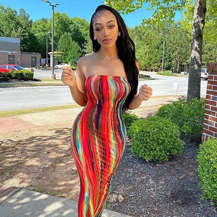 Spring And Summer Dresses For Women Chest Wrap Printed Off Shoulder Bandage Slim Sexy Long Dress 2023 New Fashion party MsChuh