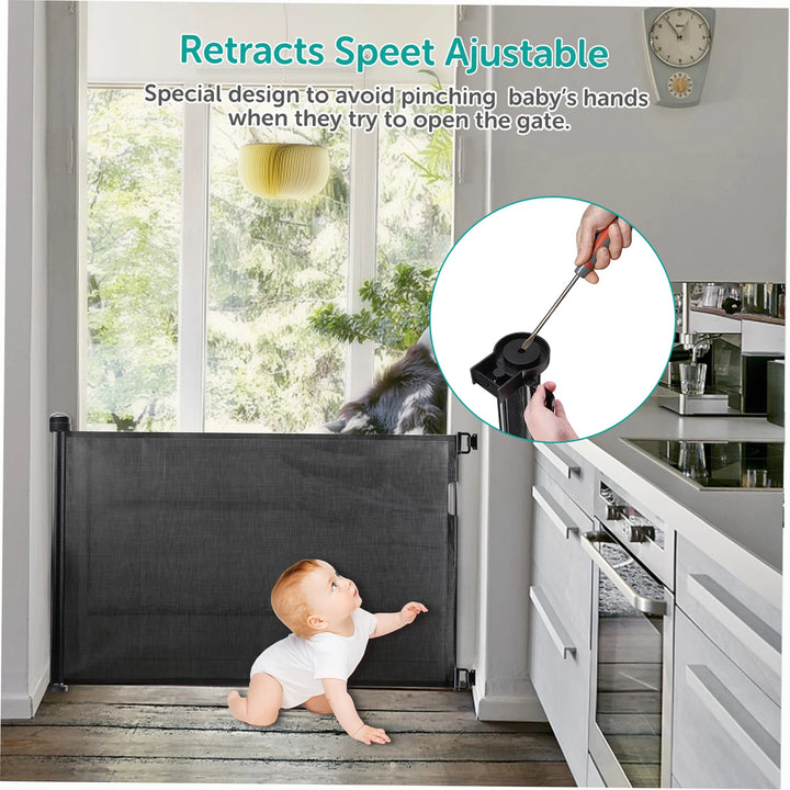 Retractable Pet Dog Mesh Fence Baby Safety Gate 34 inch Tall Extends to 61 inch Wide Indoor Outdoor Baby Gate Safety Barrier
